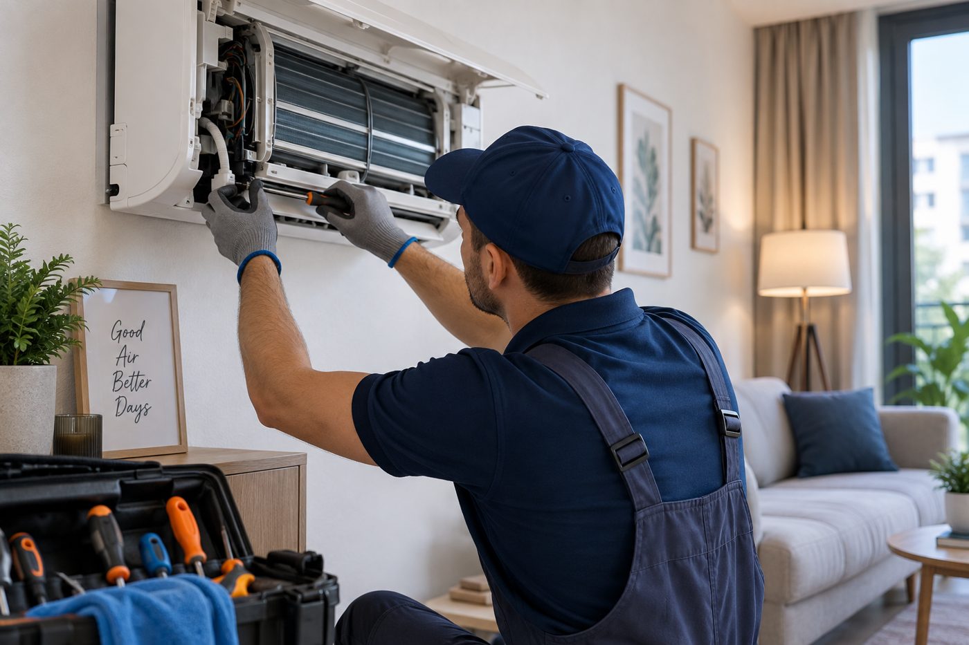 Tehnician TOTAL SERVICE reparând o unitate interioară de aer condiționat
